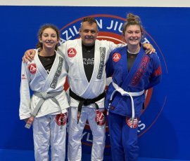 Professor Alejandro Siqueira pictured with adult students after Brazilian Jiu-Jitsu training at Gracie Barra Argyle. Professor Alejandro Siqueira with adult Jiu-Jitsu students at Gracie Barra Argyle in Argyle TX